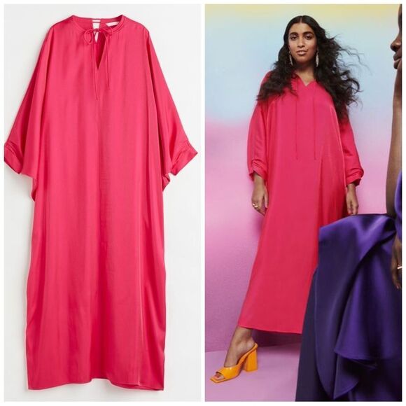 H&M Ramadan Tie-Detail Kaftan Dress Cerise - Picture 1 of 9